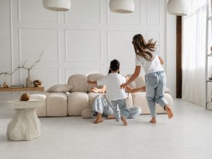 Limestone look large format porcelain tile in a serene room