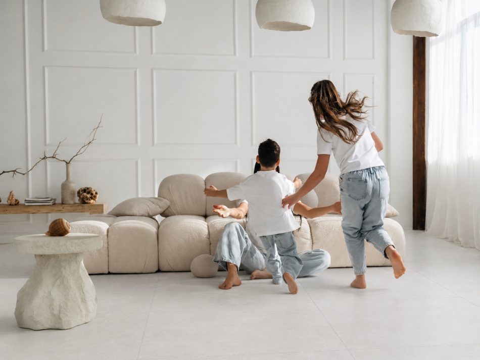 Large-format premium Turkish porcelain tile that looks like limestone in a serene family room