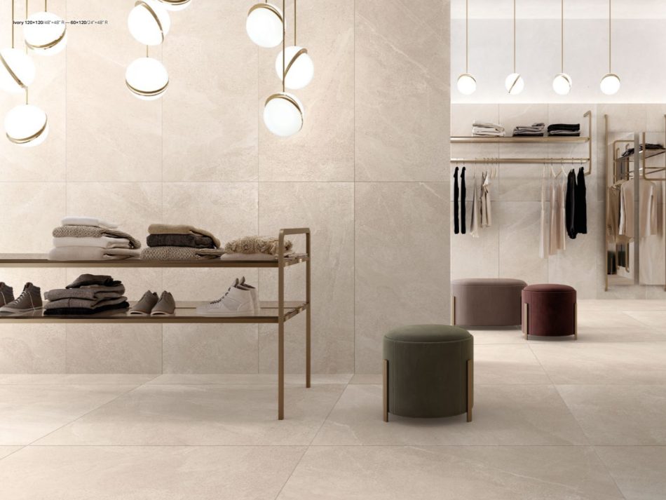Tune Ivory light beige Stone Look porcelain tile in a modern interior space