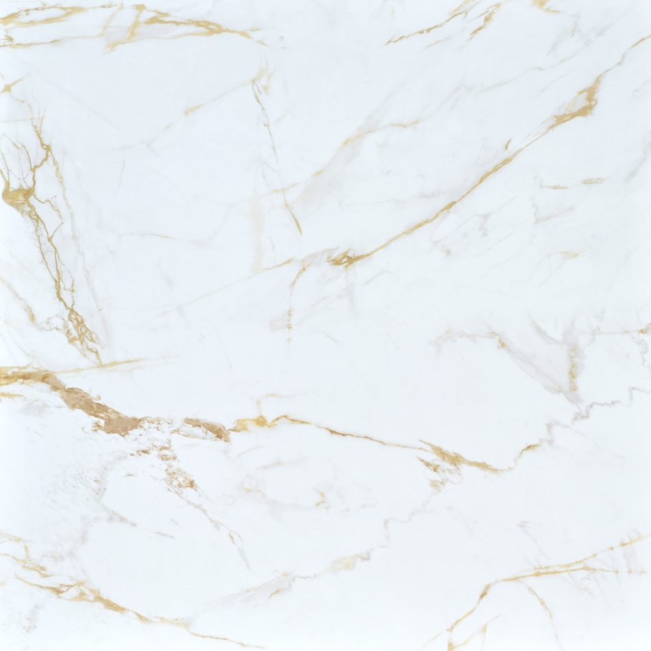 Calacatta Oro Lux product picture. White porcelain tile with gold color veins.