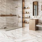 large bathroom floors and walls with a white marble look porcelain tile that has gray and brown color veining