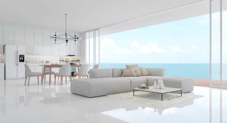 picture showing a contemporary living room in an open concept with white porcelain tile