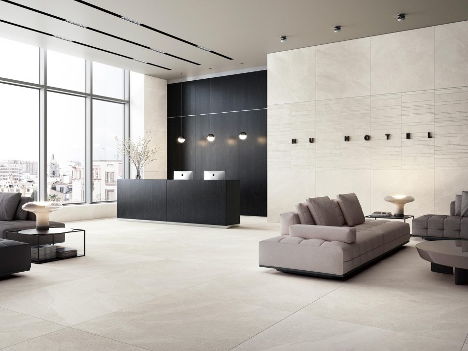 an interior with light color 48x48 porcelain tile on the floor and walls