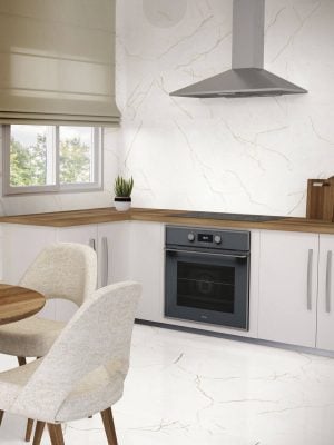 a kitchen backsplash and the floor with a polished porcelain tile with white background and brown veins