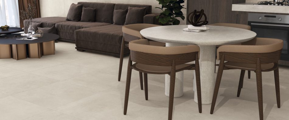 48×48 Terra Nova Matte light beige porcelain tile with concrete-style look.