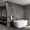 bathroom picture with dark color matte finish porcelain tile on the wall and floor
