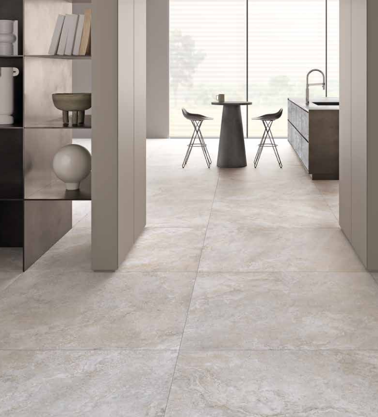 large porcelain tile that look like beige travertine in a modern living room floor