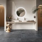 Large format white matte porcelain tile in a 48×48 size with a clean, uniform surface