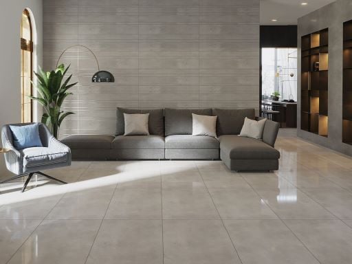 main floor with a industrial style porcelain tile that has the polished finish. 
