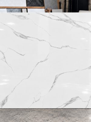 48x48 polished white porcelain tile with the look of Statuario Marble