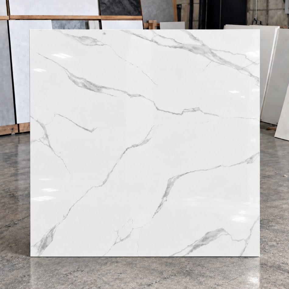 48x48 polished white porcelain tile with the look of Statuario Marble