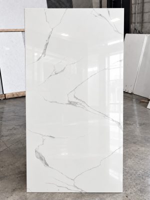 Polished white porcelain tile that look like Statuario marble. Budget options.