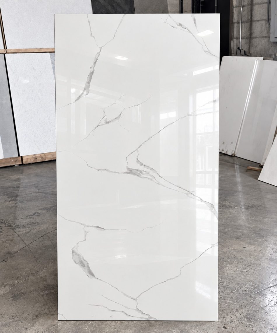 Polished white porcelain tile that look like Statuario marble. Budget options.
