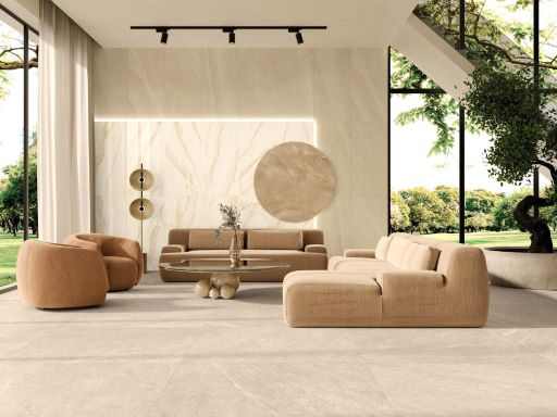 Bringing Nature Home: Biophilic Design 6 biophilic living room with big windows and a light beige 48x48 size tile with a very subtle design