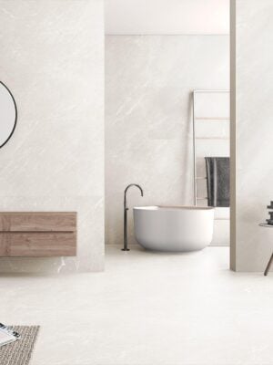 a modern natural bathroom image with 48x48 light beige porcelain tile