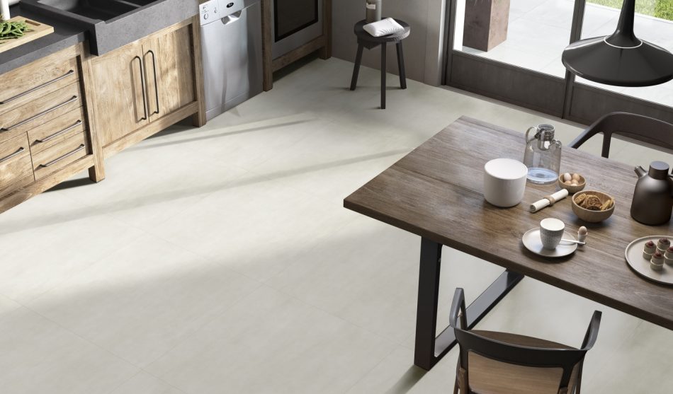 a room scene with a 48x48 concrete style tile in light beige color