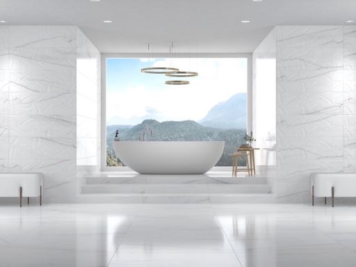an ultra-modern bathroom with white porcelain tile walls and fllor