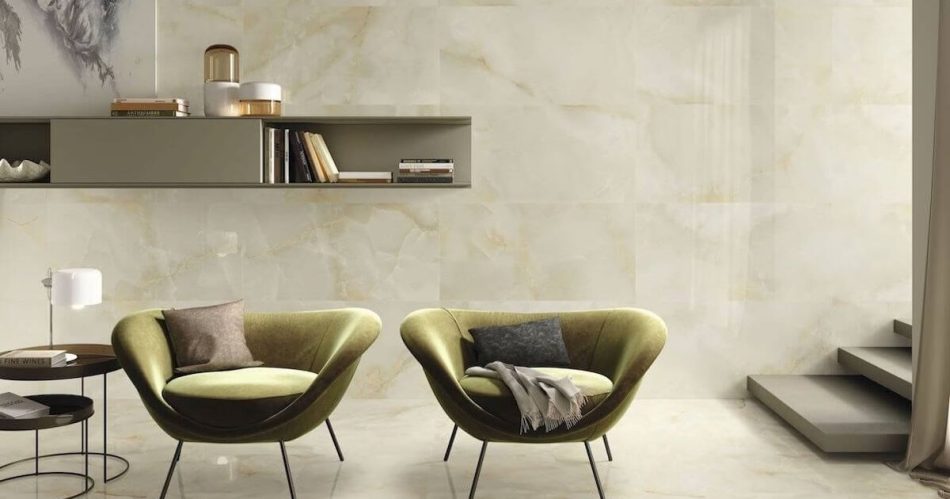 Onyx Design 24x48 agate gold tile in a living room wall and floor
