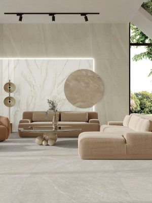 A modern interior with Limestone white 48x48 tile floor and 24x48 Limestone Beige Wall