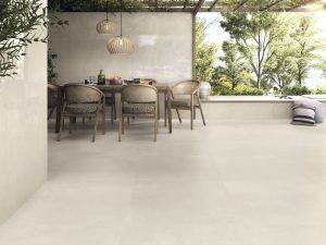 Minimalist Organic design with 48x48 Uptown Ivory Polished Wall, Matte Floor.