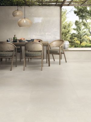 Minimalist Organic design with 48x48 Uptown Ivory Polished Wall, Matte Floor.