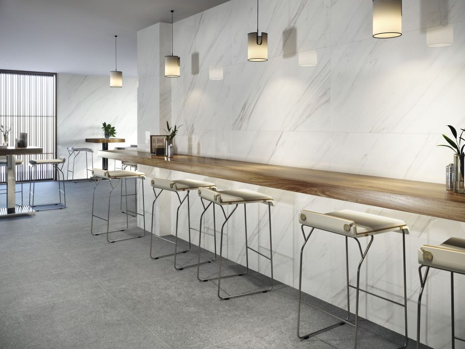 High-End restaurant with 24x48 Blanco Ibiza polished tile used on the walls.
