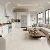 48x48 Burdur Beige marble look tile flooring in a luxury open-concept kitchen and living space