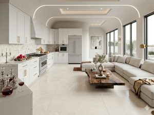 48x48 Burdur Beige marble look tile flooring in a luxury open-concept kitchen and living space