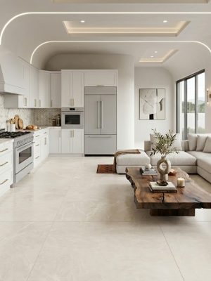 48x48 Burdur Beige marble look tile flooring in a luxury open-concept kitchen and living space