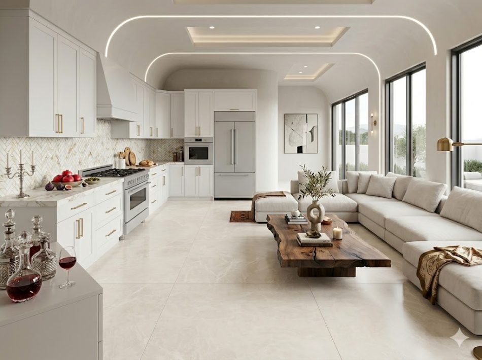 48x48 Burdur Beige marble look tile flooring in a luxury open-concept kitchen and living space