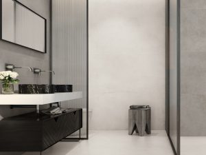 Modern Bathroom with 24x48 Concrete Look tiles in white and Grey colors