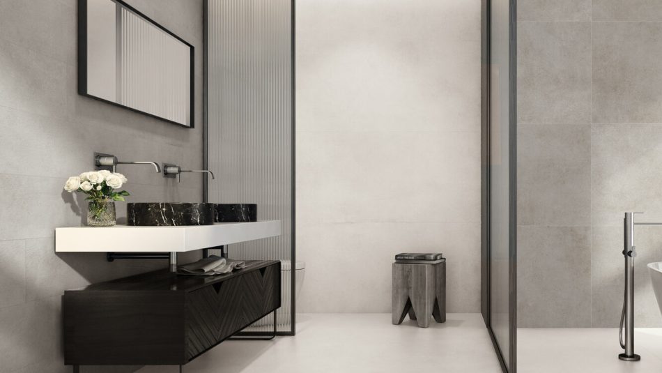 Modern Bathroom with 24x48 Concrete Look tiles in white and Grey colors