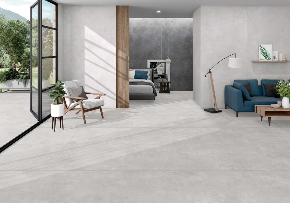 24x48 concrete look floor tile Indeed in an open living