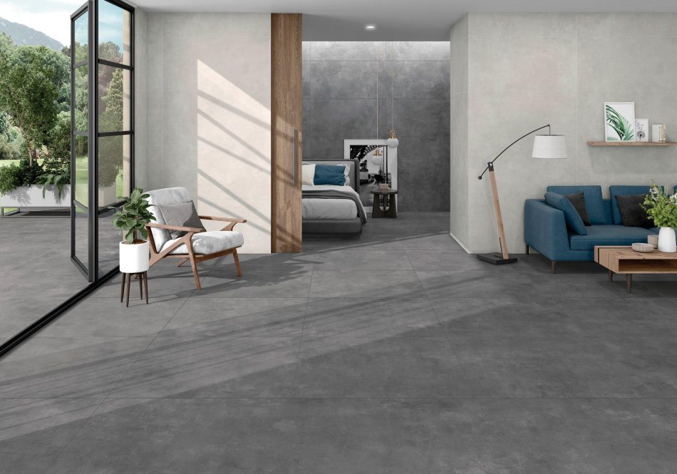 Indeed dark grey 24x48 concrete look floor tile in modern living Room