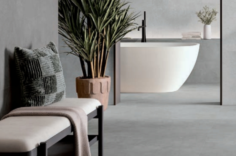 24x48 concrete look floor tile Indeed Grey & in & out tile in modern bathroom