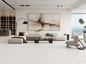 Modern Living Room With Blanco Ibiza 48x48 Tile Matte Finish. Diagonal veining flowing across the floor