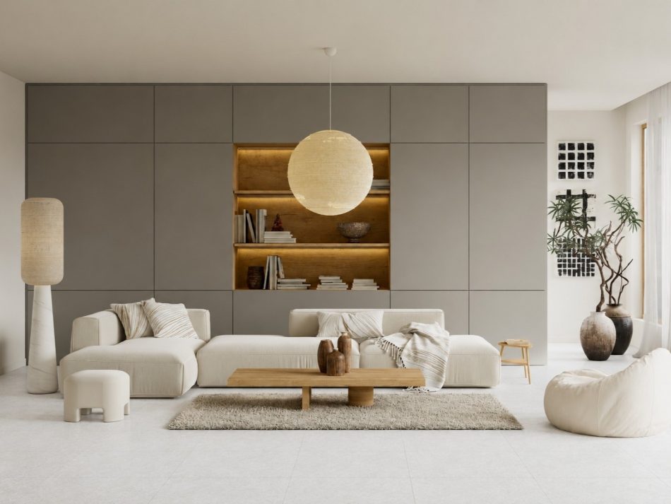 Soft tones of Portland Stone White in a modern living are