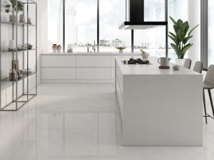 very light beige polished Tile Stella in a modern kitchen and living room area