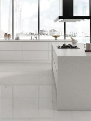 very light beige polished Tile Stella in a modern kitchen and living room area