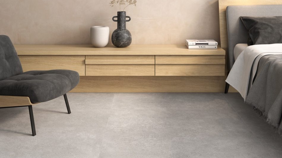 Tahoe Grey Concrete look porcelain tile room setting picture