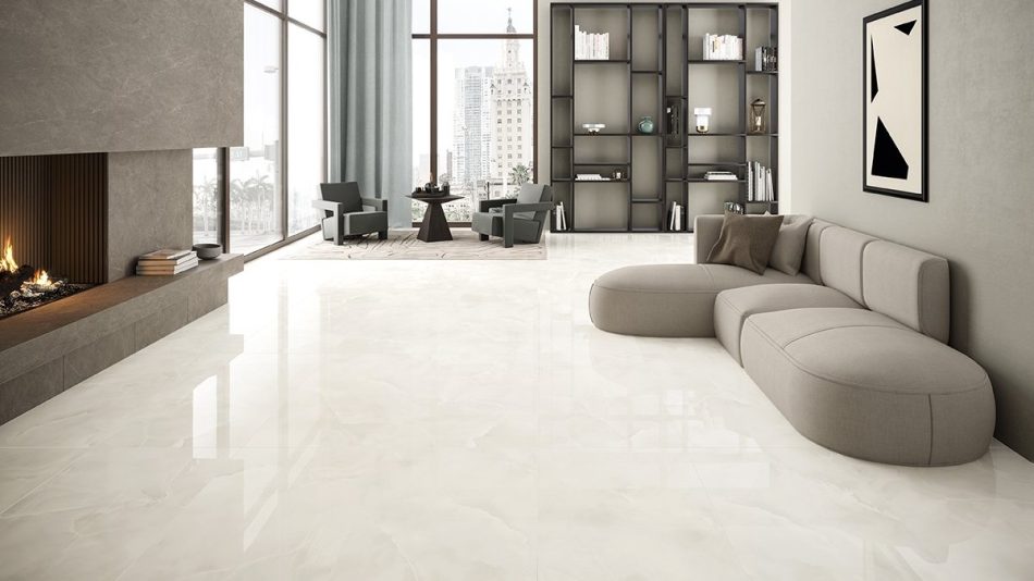 48x48 polished porcelain tile that looks like onyx in a luxurious living room.