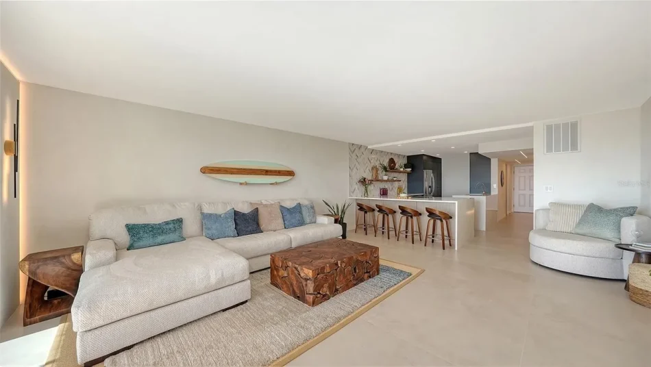 48x48 Uptown-Ivory-Ocean Condo Living Room and Kitchen Floor