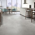 large format grey concrete look tile Urban Grey in modern living room and kitchen floor
