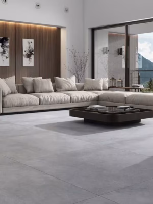Utopia Grey porcelain floor tile in a modern living room with a concrete look