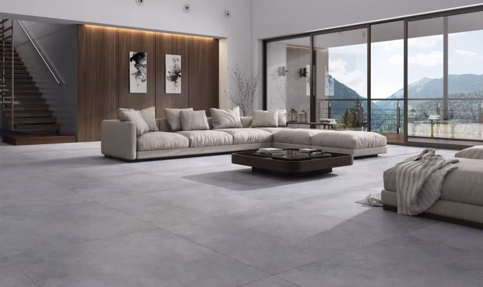 Utopia Grey porcelain floor tile in a modern living room with a concrete look