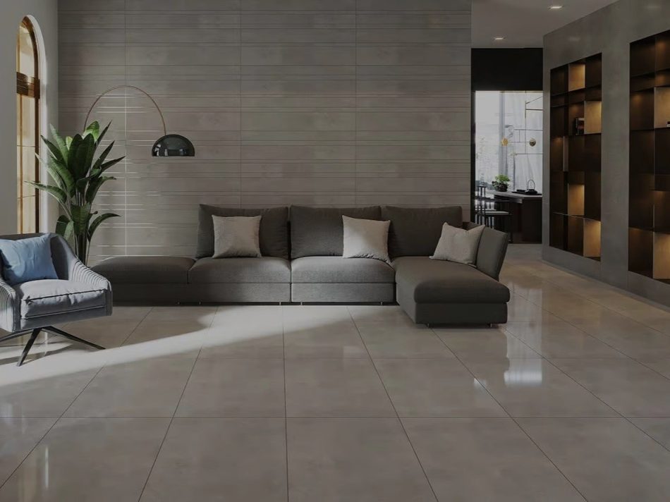 24X48 polished concrete look tile natron Grey in living room.