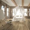 a work shop with Italian wood porcelain tile in natural wood colors