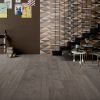 a modern interior with dark grey color, unfinished wood look floors