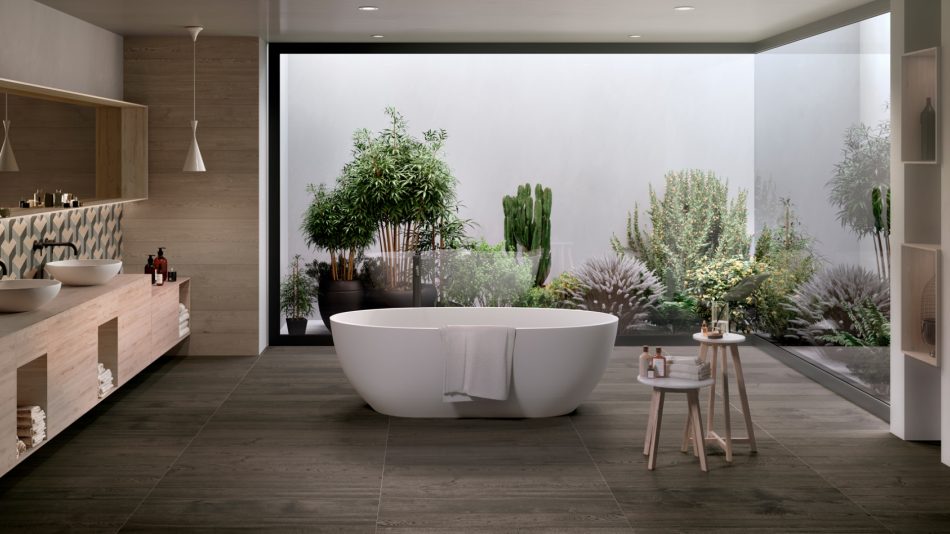 a living room with a large wood look tile that has raw finish in grey color