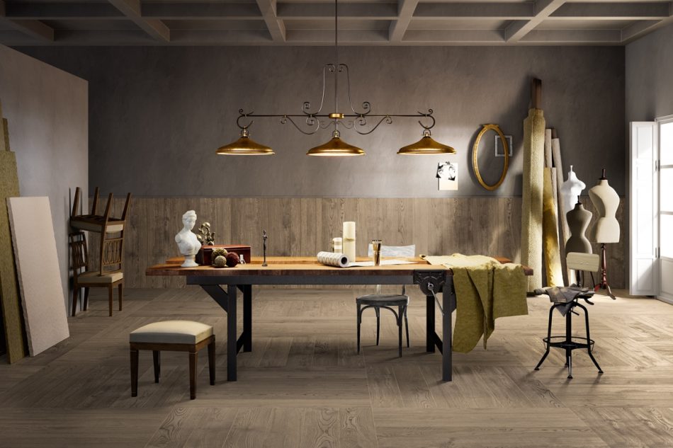 A dining room with a large wood-look tile with a raw finish in a beige tone